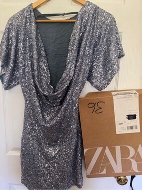 Zara Silver Sequin Backless Cowl Mini Dress